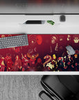 Deep red and inky black anime desk pad 36x16 inches with moody villain aesthetic and crisp print.