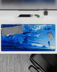 32x16 inches anime mouse pad in icy blue tones with drifting clouds, soft sparkles, and calm focus mood.