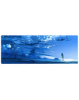 32x12 inches anime mouse pad with tranquil shoreline scene, girl gazing at glowing horizon and sky.