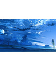 40x20 inches anime desk pad with serene shoreline girl under sweeping blue sky and cloud reflections.