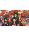 Desk pad featuring Tanjiro, Nezuko, and the Demon Slayer Corps in dynamic action, 40x20 inches, with bold colors capturing the intensity of the battle.