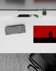 Anime mouse pad 14x10 inches in stark black and raw crimson, calm-before-the-strike minimalist mood.