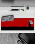 32x12 inches anime mouse pad in stark black-and-red, calm-before-the-strike mood with bold contrast.