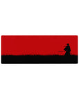 32x12 inches anime mouse pad with lone swordsman silhouette in black grass under a minimalist crimson sky.