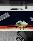 Apocalyptic 40x20 desk pad with deep blues, fiery reds, and surreal imagery from The End of Evangelion for intense anime vibes