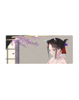 Anime girl mouse pad 28x12 inches with cherry blossoms, kimono profile, cat ears, and warm gray background.