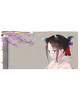 32x16 inches anime girl mouse pad with cherry blossoms, kimono, cat ears, and warm gray background.