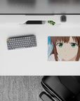 Pastel brown hair and bright green eyes on a cool blue background, cozy anime mouse pad 14x10 inches.