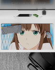 32x16 inches pastel anime desk mat in soft brown and bright green tones, cozy curious vibe.