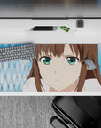 Cozy pastel anime desk pad 36x16 inches in soft browns and bright green eyes, calm and fresh.