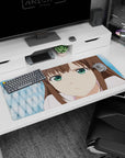 Eru Chitanda Hyouka anime desk pad 36x16 inches, curious close-up gaze with blue backdrop.
