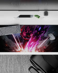 36x16 inches anime desk pad in neon magenta and violet glow, dark armor tones, fast cinematic energy.