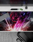40x20 inches anime desk pad in neon magenta and violet glow, dark armor, electric blade, cinematic vibe.