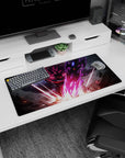 32x16 inches anime mouse pad showing a red-haired fighter lunging forward, cloak snapping, weapon crackling.