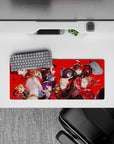 Anime mouse pad 28x12 inches featuring Persona 5 Royal characters: Joker, Ann, Ryuji, and Kasumi on a vibrant red background.
