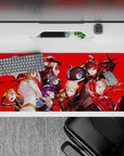 Anime desk pad featuring Persona 5 Royal characters on a vibrant red 36x16 inches surface with Joker, Ann, Ryuji, and Kasumi.