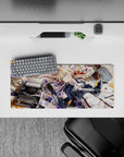 Sunlit pastel anime girl mouse pad 28x12 inches in violet blooms, navy and white outfit, calm blue-eyed vibe.