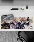 32x12 inches anime girl mouse pad in warm sunlight, navy and white outfit, violet flowers, calm dreamy vibe.