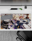 32x16 inches anime girl mouse pad in warm sunlight with navy and white outfit, violet flowers, calm vibe.