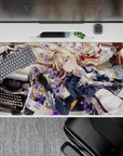 Soft sunny violet-flower anime desk pad 40x20 inches, warm light, navy and white, calm vibe.