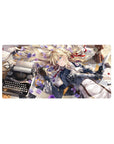 32x16 inches anime girl mouse pad with blonde in violet blossoms, letters, typewriter, plush bear, sci-fi arm.