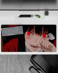 Red and black anime girl mouse pad 32x16 inches with high-stakes vibe, bold shadows, sly smile.