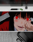 40x20 inches desk pad in deep crimson and glossy black, bold red glow, playful dangerous mood.
