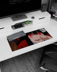 28x12 inches Yumeko Jabami mouse pad, red stare and sly smile, fingers near lips, crimson hoodie scene.