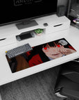 32x12 inches Yumeko Jabami mouse pad, red stare and half-smile with fingers near lips on a red hoodie.