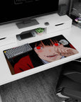 Yumeko Jabami anime girl mouse pad 32x16 inches, finger near lips, glowing red stare and blush.