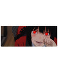 32x12 inches anime girl mouse pad with red-eyed gambler grin, black hair, and crimson hoodie artwork.
