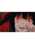 40x20 inches anime girl desk pad with red-eyed gambler vibe, black hair, crimson hoodie, clean shading.
