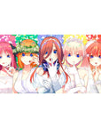 Anime girl desk pad 40x20 inches with five bridal girls, big blue eyes, lace gowns, and confetti backdrop.