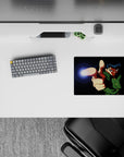 Midnight-black anime mouse pad 14x10 inches with neon lens flare, bright spirit flash, high-contrast vibe.