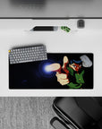 28x12 inches anime mouse pad in deep blacks with electric lens flare, midnight fight mood and bold contrast.