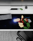 36x16 inches anime desk pad in midnight blacks and neon lens flare, electric glow and high-energy vibe.