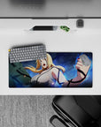 Anime mouse pad 28x12 inches in electric storm-blue glow with bold ink lines and lively sparks for gaming.