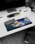 Naruto Shippuden mouse pad 28x12 inches showing Tsunade mid-shout, fists raised, blond hair, pale jacket.
