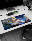 Tsunade mid-shout with fists raised on anime mouse pad 32x16 inches, Hokage energy desk mat.