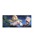 Anime mouse pad 28x12 inches with Tsunade action art, stormy blue swirls, sparks, premium smooth surface.