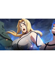 40x20 inches anime desk pad with Tsunade shouting, fists raised, stormy blue energy backdrop.
