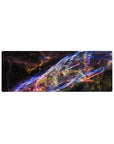 Cosmic ribbon galaxy desk mouse pad, 32x12 inches, deep space backdrop with star-specks.