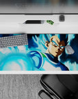 36x16 inches desk pad featuring Vegeta in Super Saiyan Blue, with his calm determination and powerful blue aura, ideal for fans of Dragon Ball.