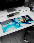 Artistic 36x16 inches desk pad showcasing Vegeta in Super Saiyan Blue, charging an intense attack with his iconic blue aura for an energized workspace.