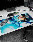 Large 40x20 inches desk pad with Vegeta in Super Saiyan Blue form, capturing his powerful attack and intense blue aura for a dynamic workspace.