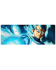 Compact 32x12 inches mouse pad featuring Vegeta in Super Saiyan Blue, charging a powerful attack with a glowing blue aura, perfect for smaller desks.