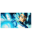 Mouse pad featuring Vegeta in Super Saiyan Blue, 32x16 inches, with his blue aura radiating as he charges a powerful attack.