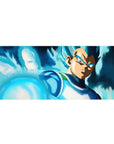 Dragon Ball Z desk pad with Vegeta in Super Saiyan Blue, 36x16 inches, charging a powerful attack surrounded by a radiant blue aura.