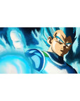 Desk pad featuring Vegeta in Super Saiyan Blue, 40x20 inches, charging a powerful attack surrounded by his iconic blue aura, perfect for Dragon Ball fans.