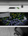 36x16 inches mouse pad with a bird’s-eye view of a vibrant forest, featuring evergreens and yellow leaves for a tranquil, nature-inspired vibe.